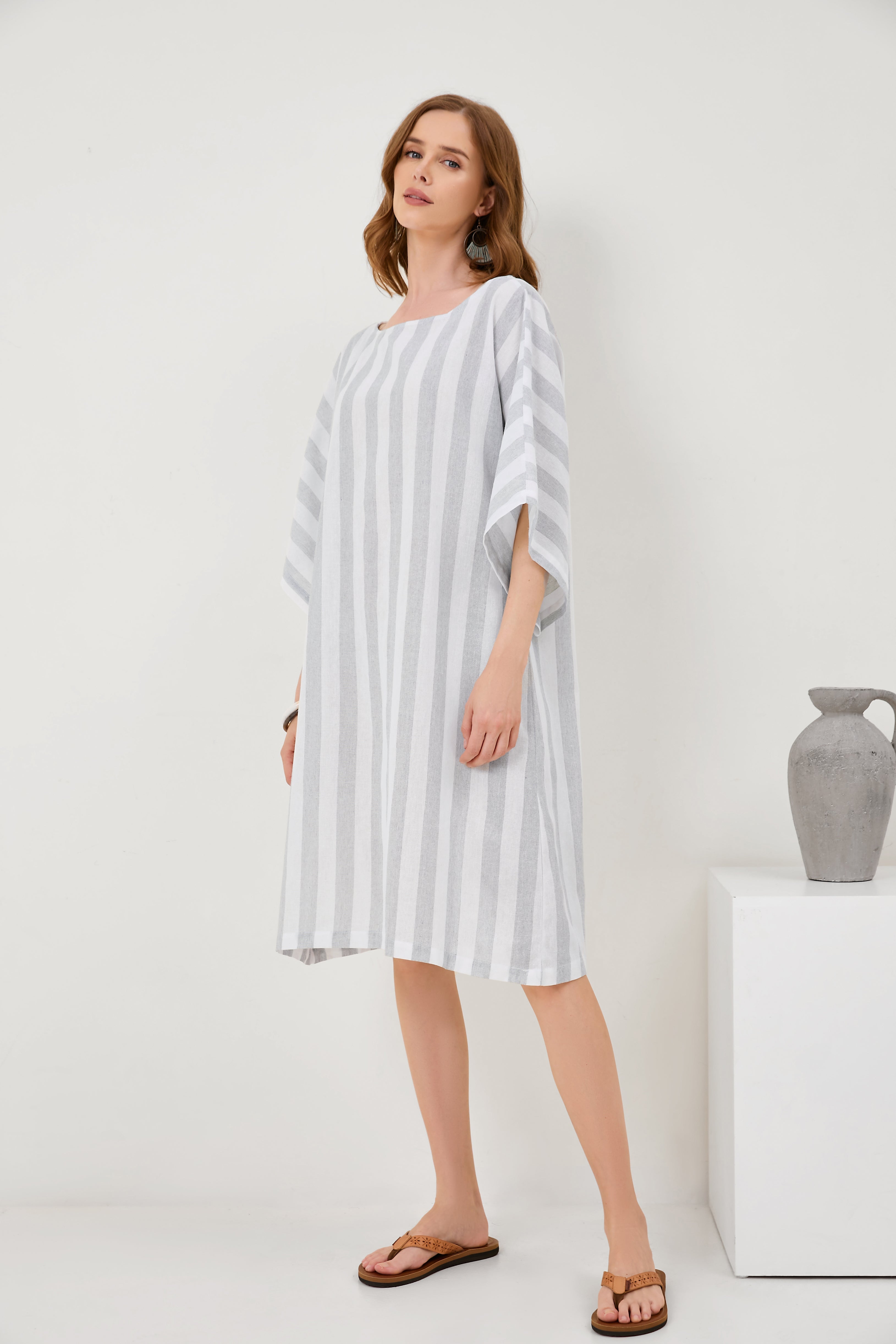 Cropped Sleeves Round Neck Cotton And Linen Comfort Dress[ Pre Order ]