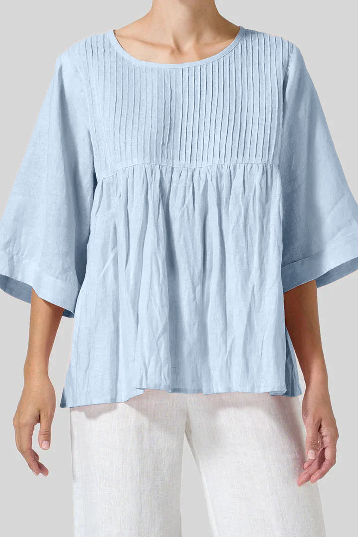 Pleated Linen Wide Half Sleeve Loose Pink Top