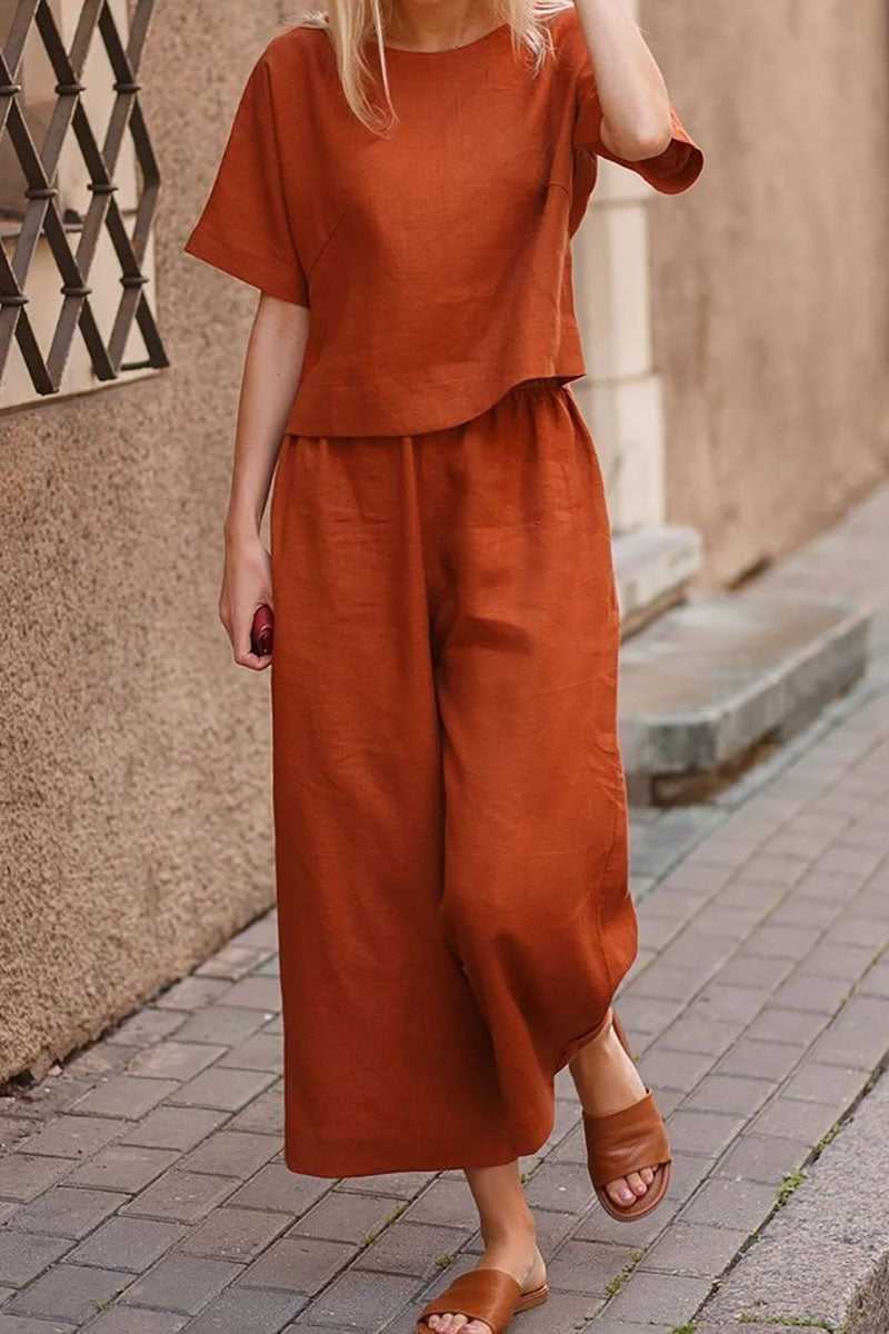 Linen Short Sleeve Top Wide Leg Pants Two Piece Set