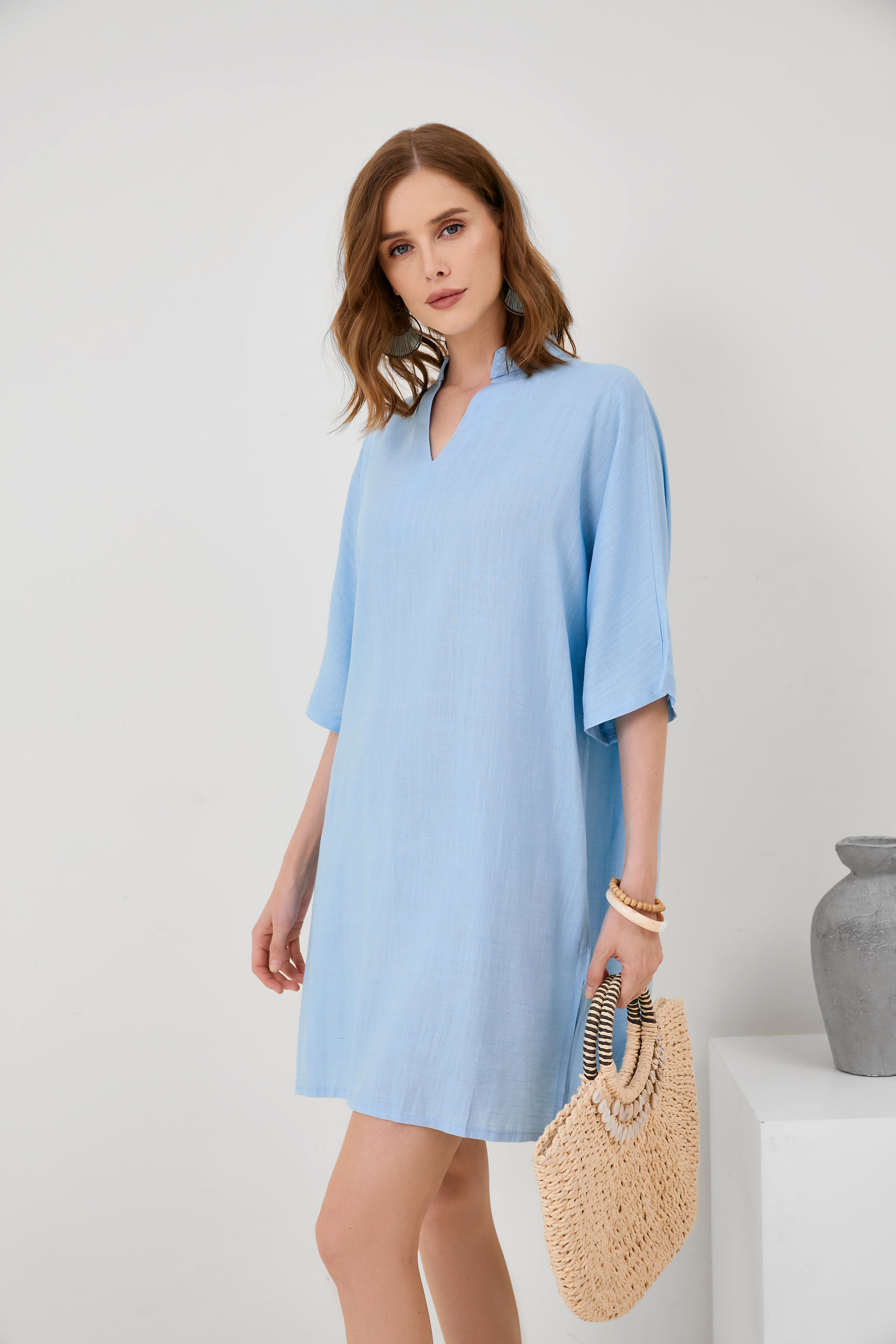 Cotton-Linen V-Neck Loose Hem Side Slit Dress[ Pre Order ]