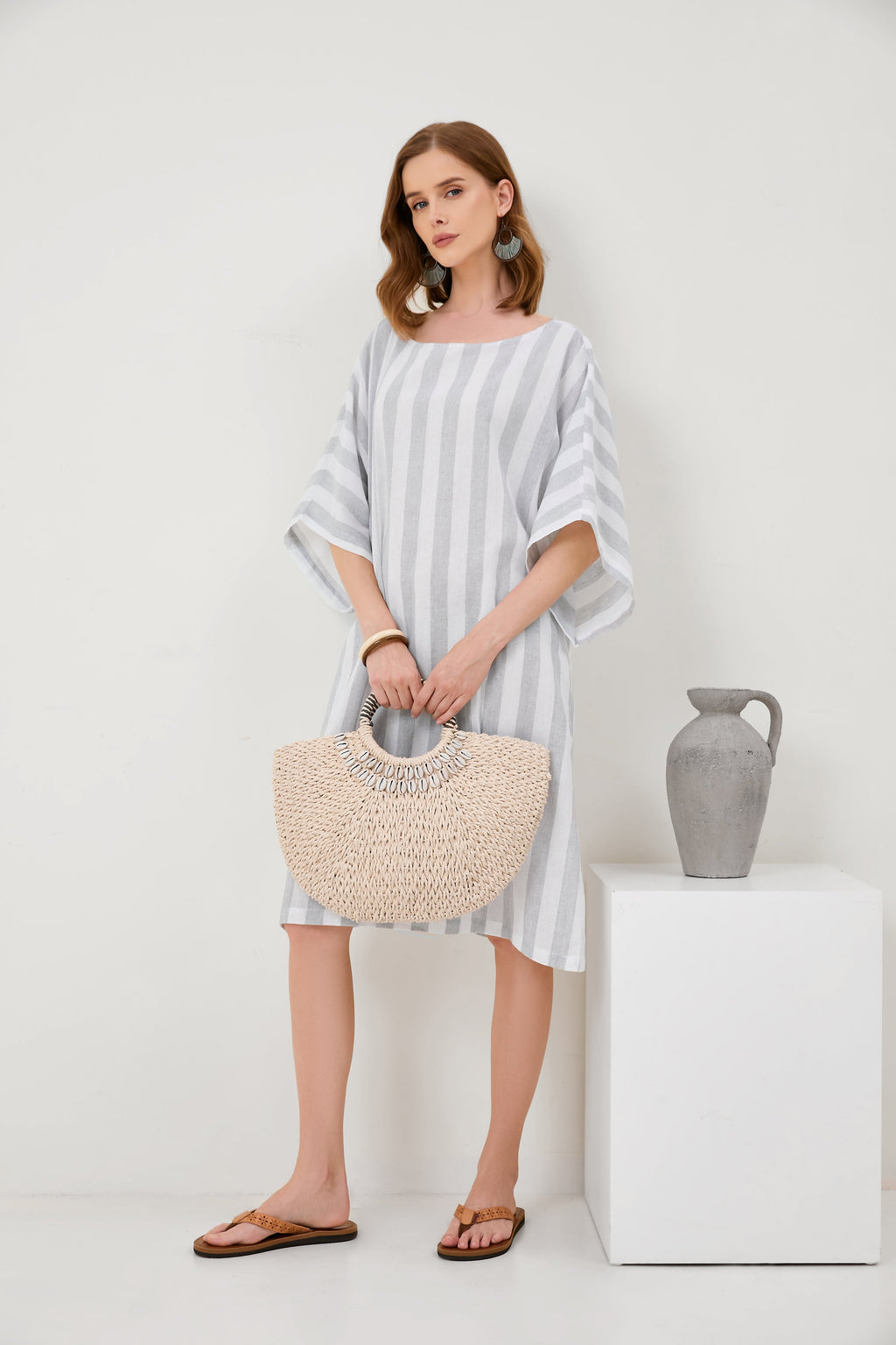 Cropped Sleeves Round Neck Cotton And Linen Comfort Dress[ Pre Order ]