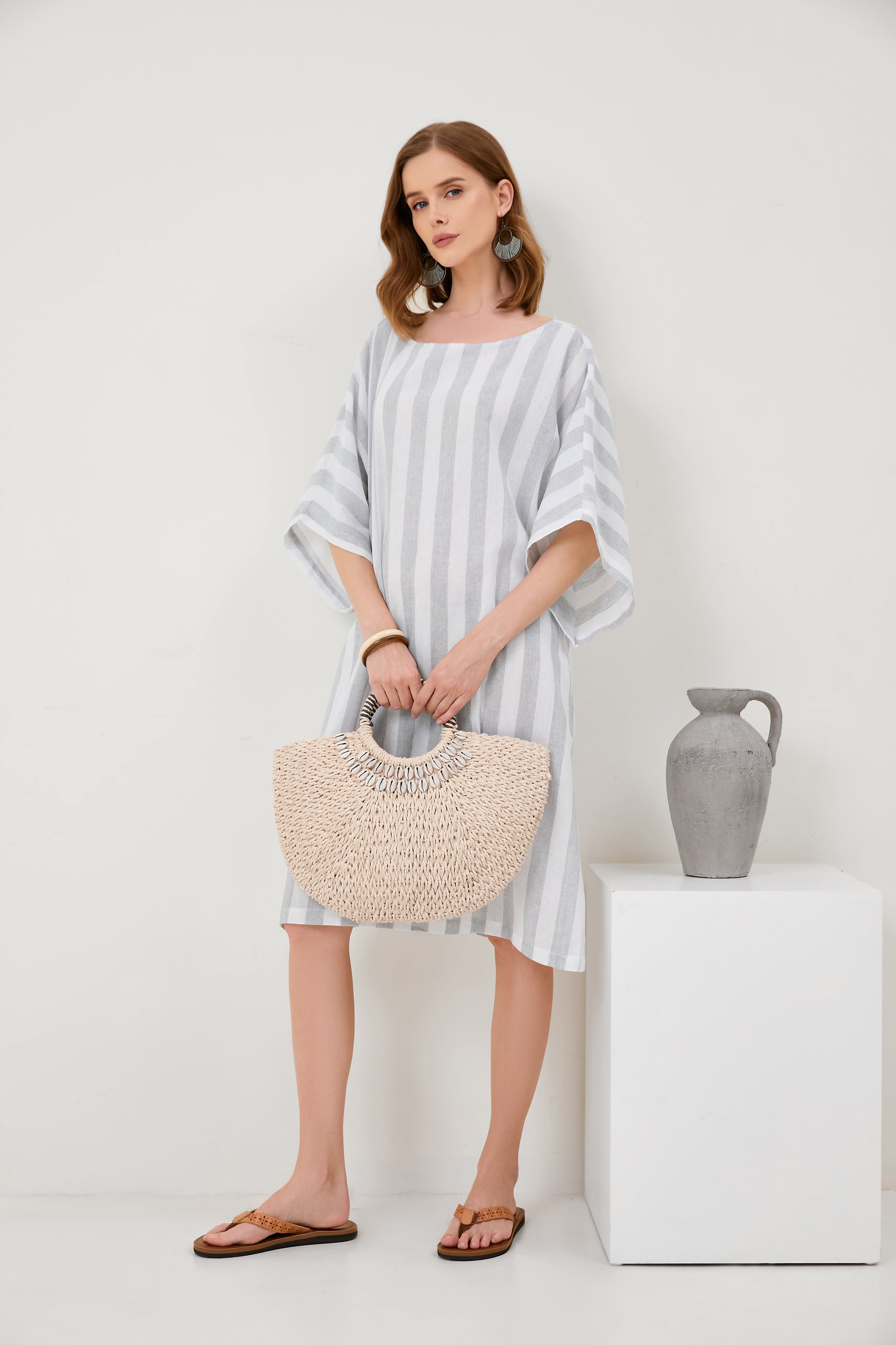 Cropped Sleeves Round Neck Cotton And Linen Comfort Dress[ Pre Order ]