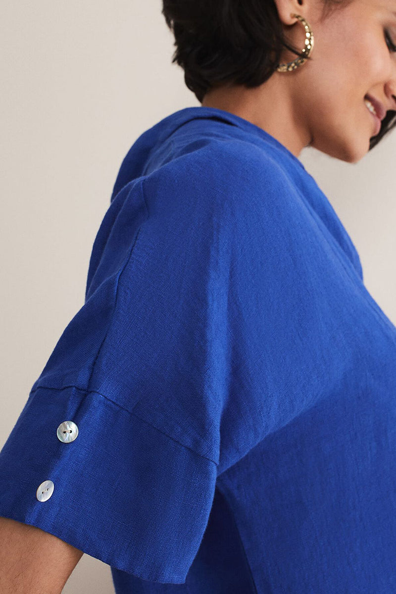 Linen Blue V Neck Short Sleeve Slit Hem Shirt