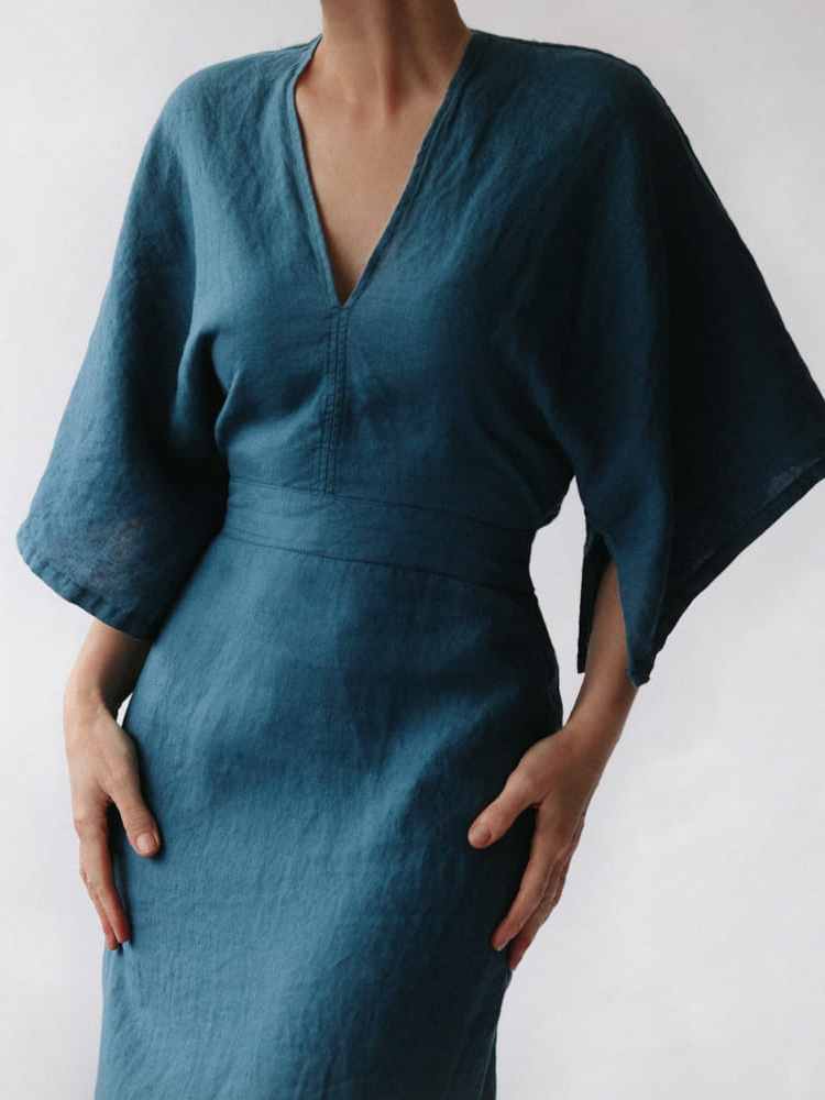 Elegant Inky Blue Linen Dress