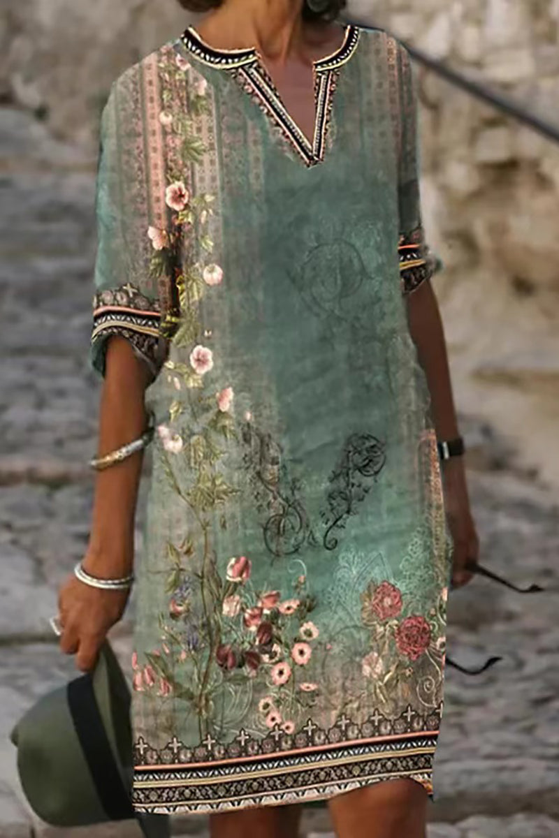 Linen Floral printed linen V Neck Tribal embroidered linen Half Sleeve Casual Midi Dress