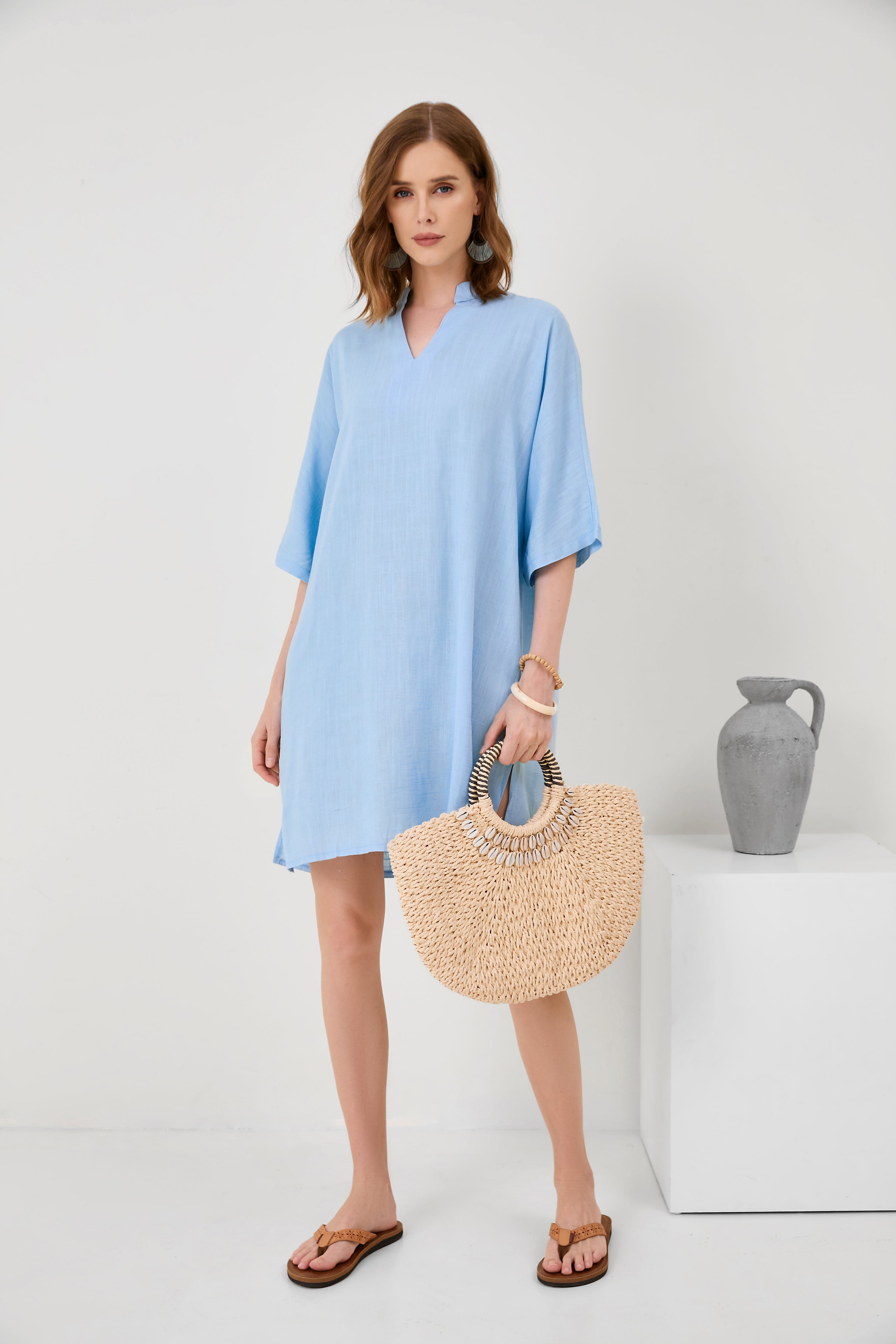 Cotton-Linen V-Neck Loose Hem Side Slit Dress[ Pre Order ]
