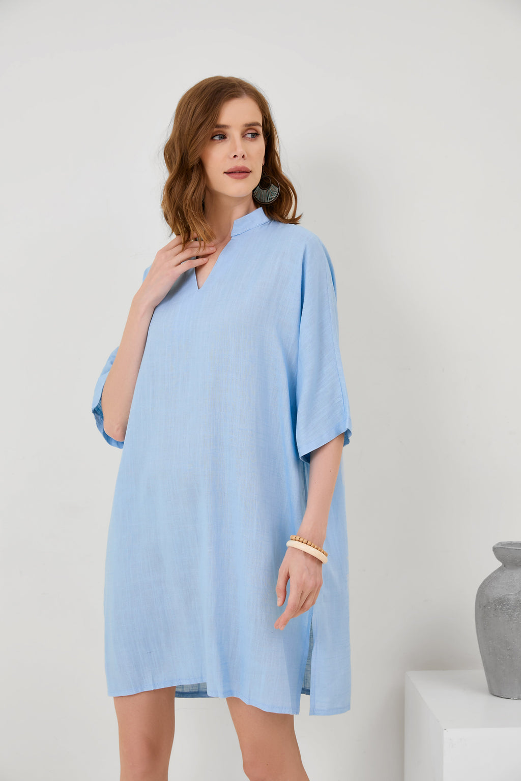 Cotton-Linen V-Neck Loose Hem Side Slit Dress[ Pre Order ]