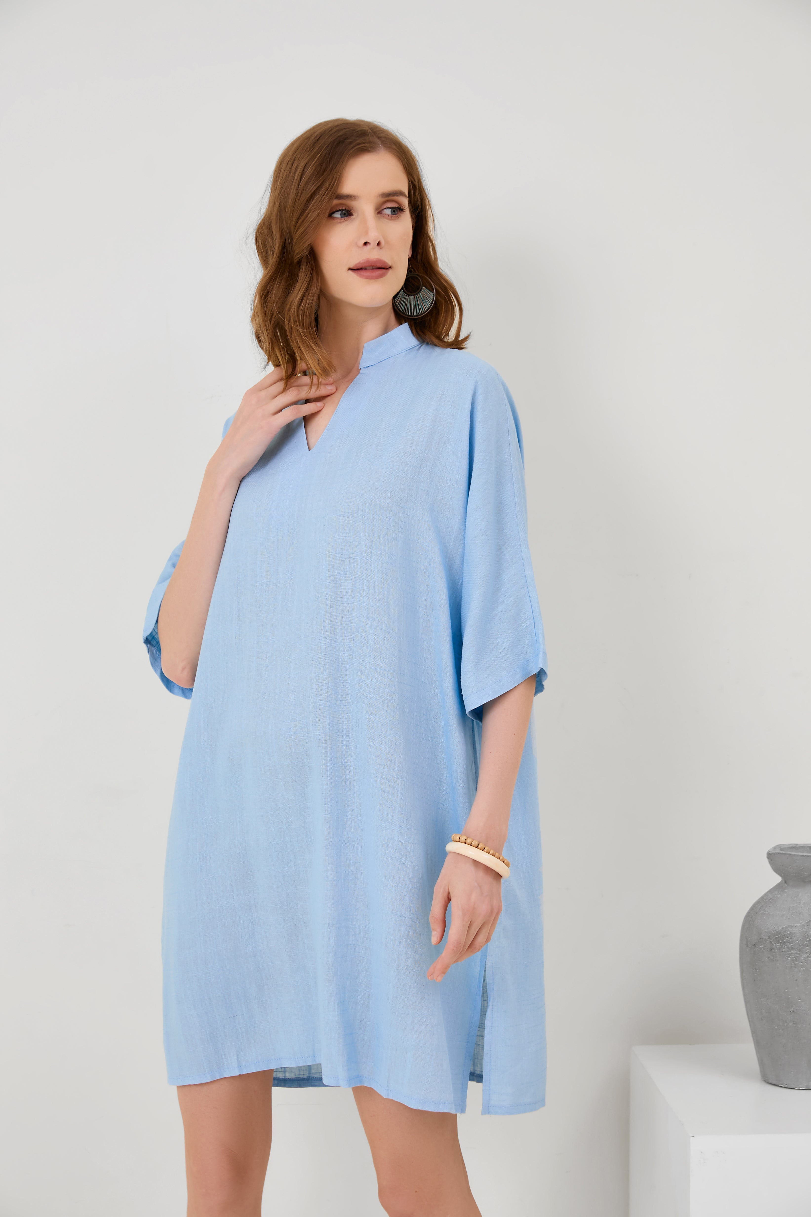 Cotton-Linen V-Neck Loose Hem Side Slit Dress[ Pre Order ]