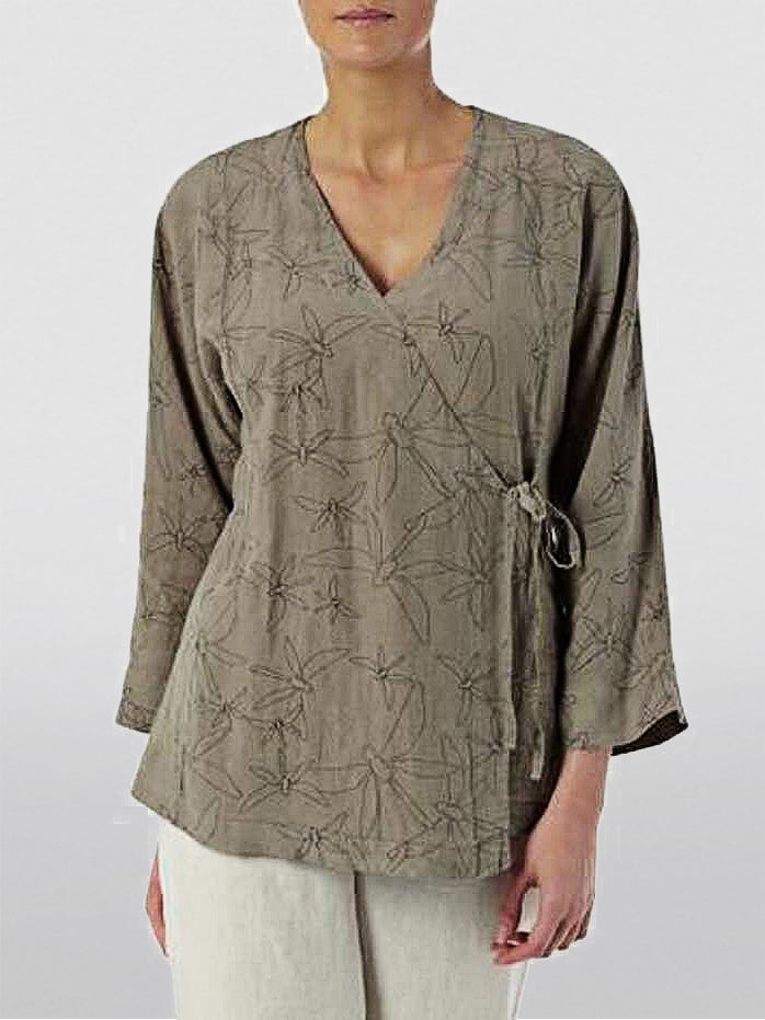 Dragonfly printed linen Rope Lace-Up Top