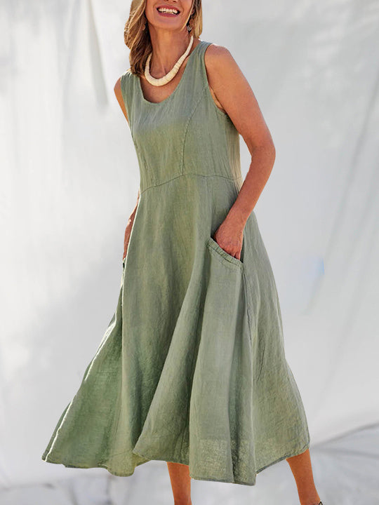 Cotton Linen Solid Color Casual Pleated Holiday Dress