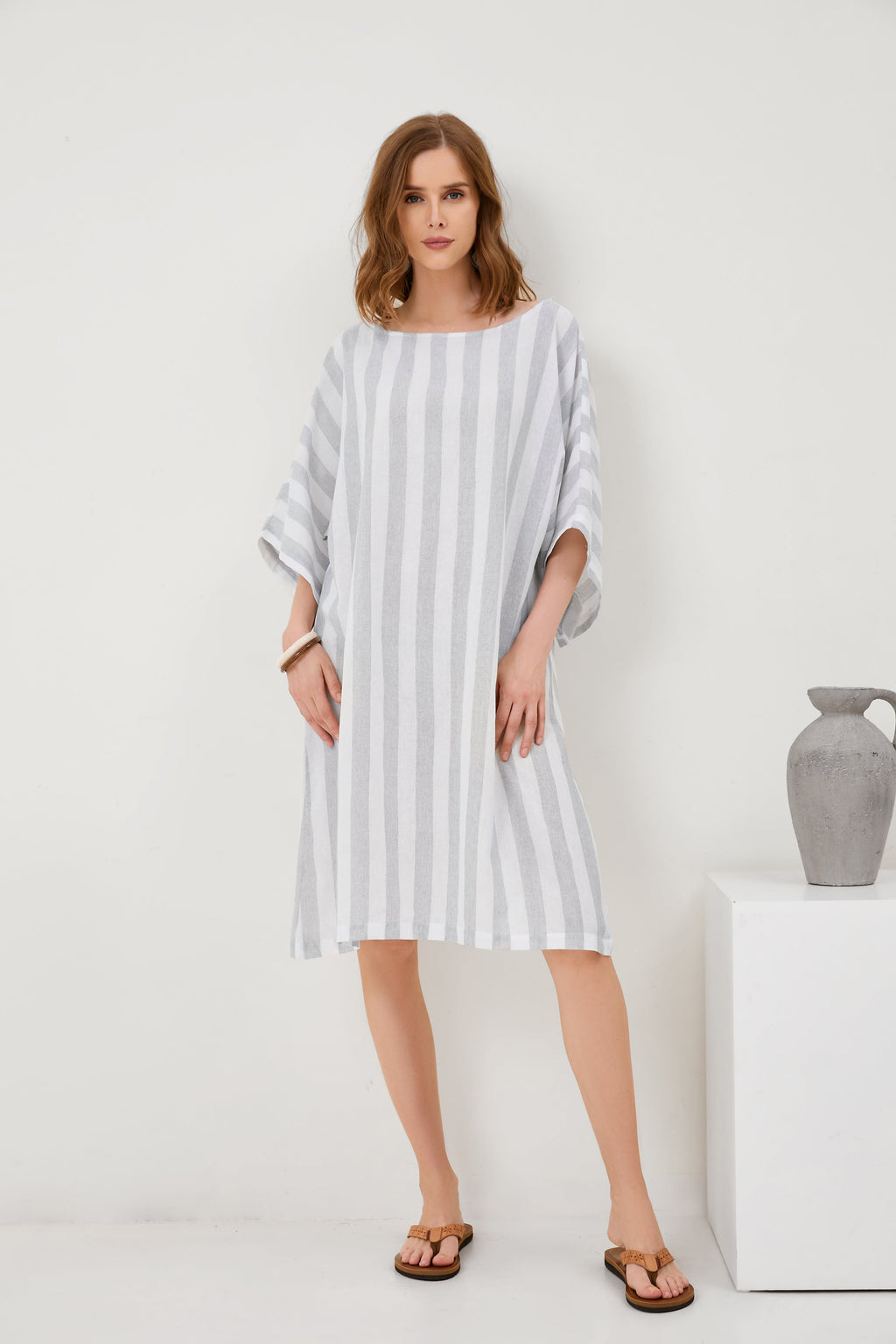 Cropped Sleeves Round Neck Cotton And Linen Comfort Dress[ Pre Order ]