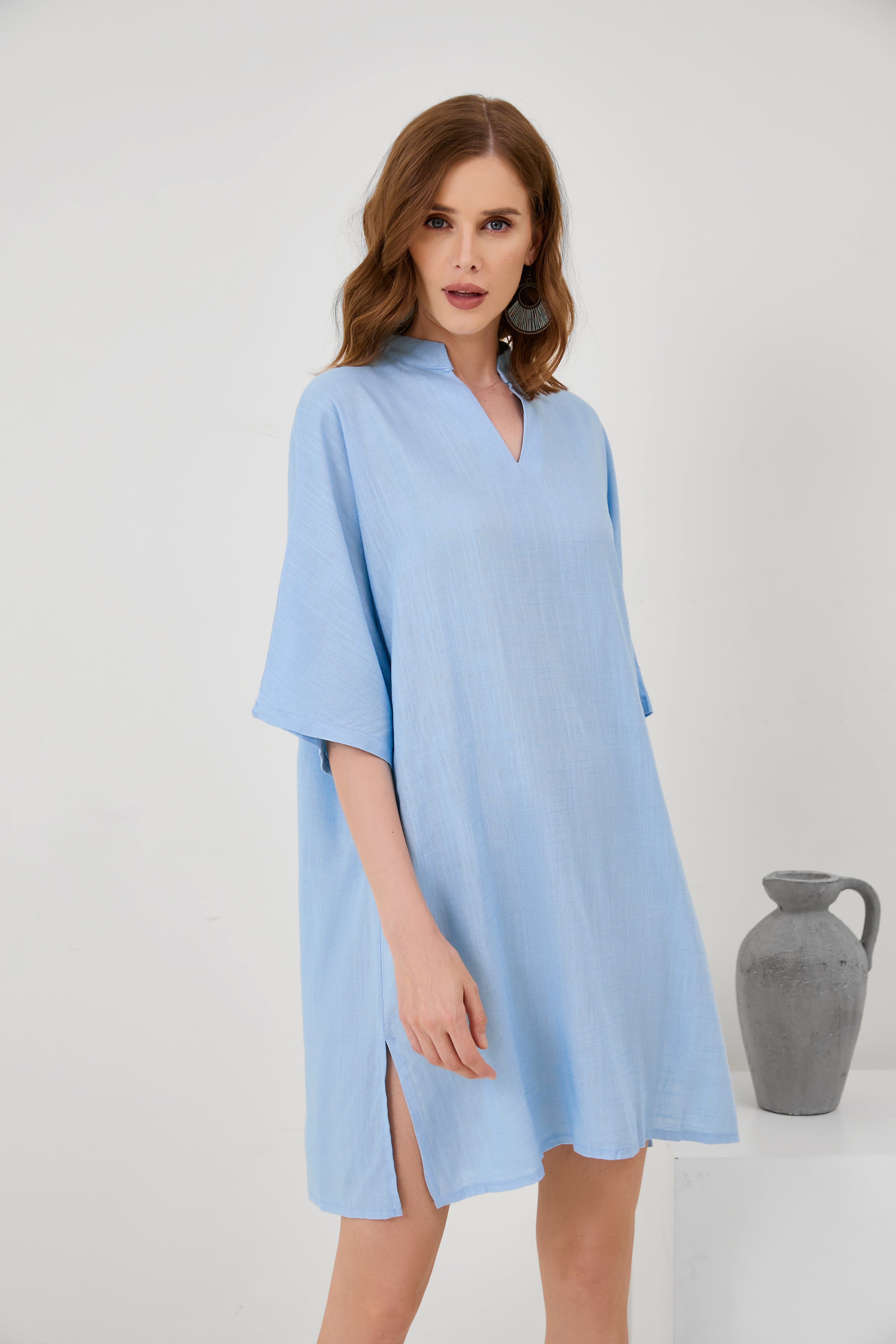 Cotton-Linen V-Neck Loose Hem Side Slit Dress[ Pre Order ]