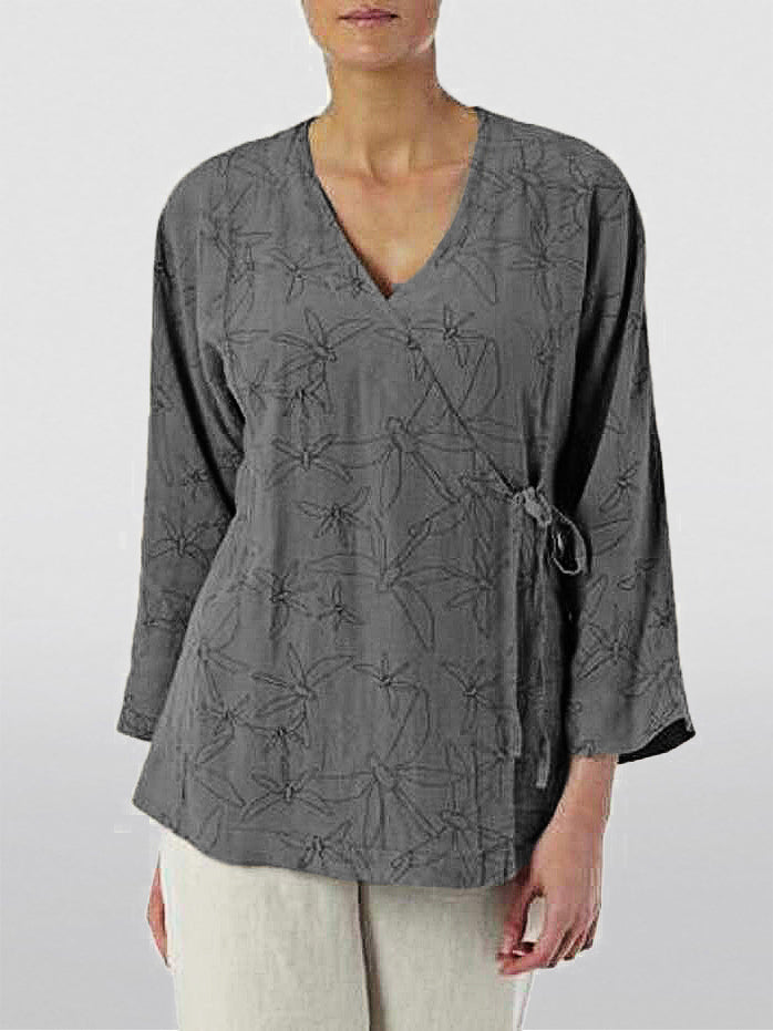Dragonfly printed linen Rope Lace-Up Top