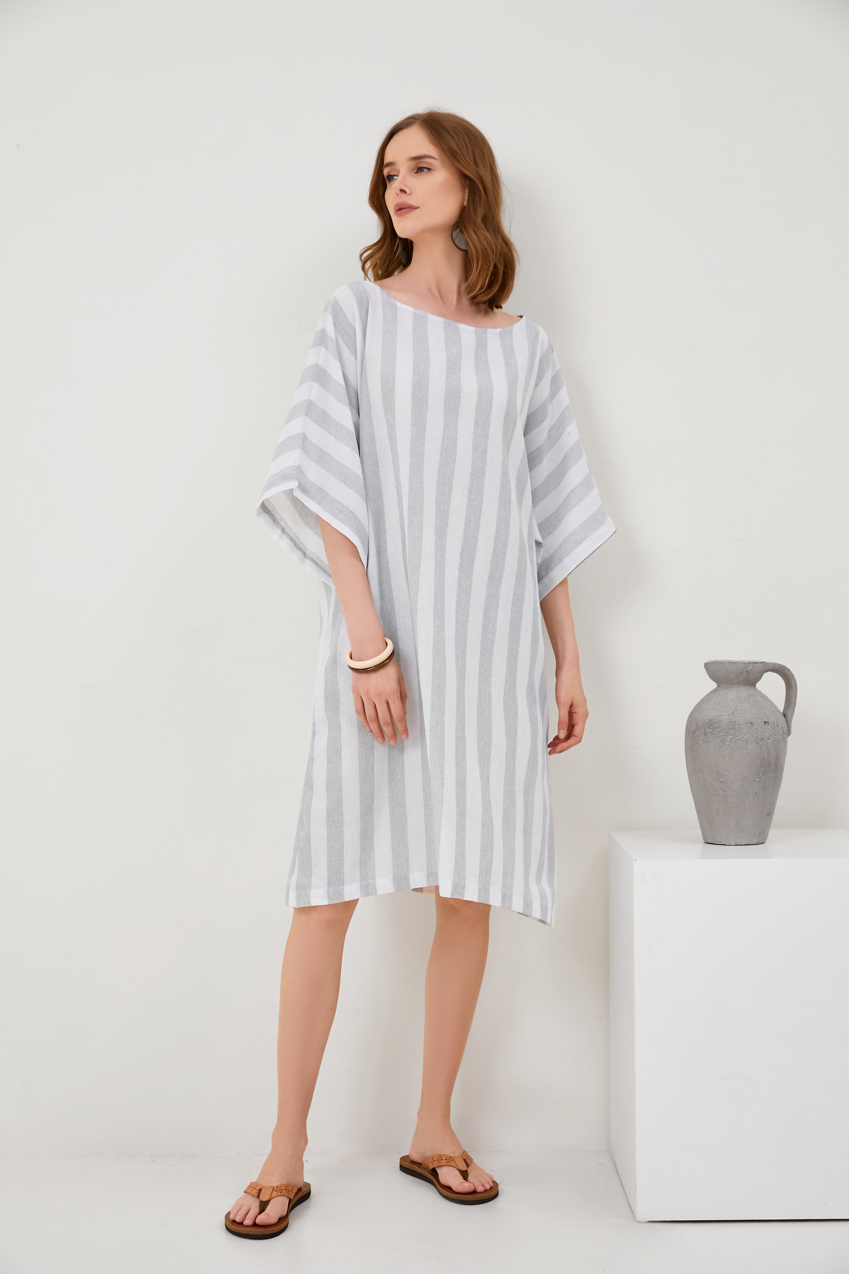 Cropped Sleeves Round Neck Cotton And Linen Comfort Dress[ Pre Order ]