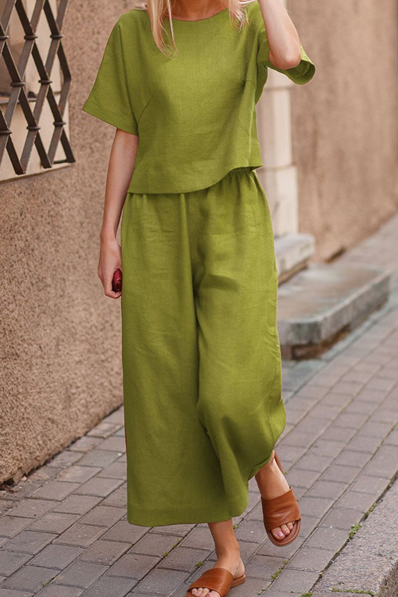 Linen Short Sleeve Top Wide Leg Pants Two Piece Set