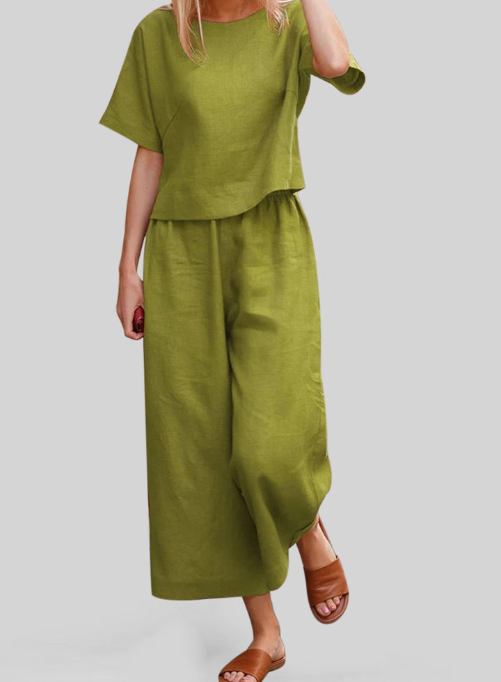 Linen Short Sleeve Top Wide Leg Pants Two Piece Set