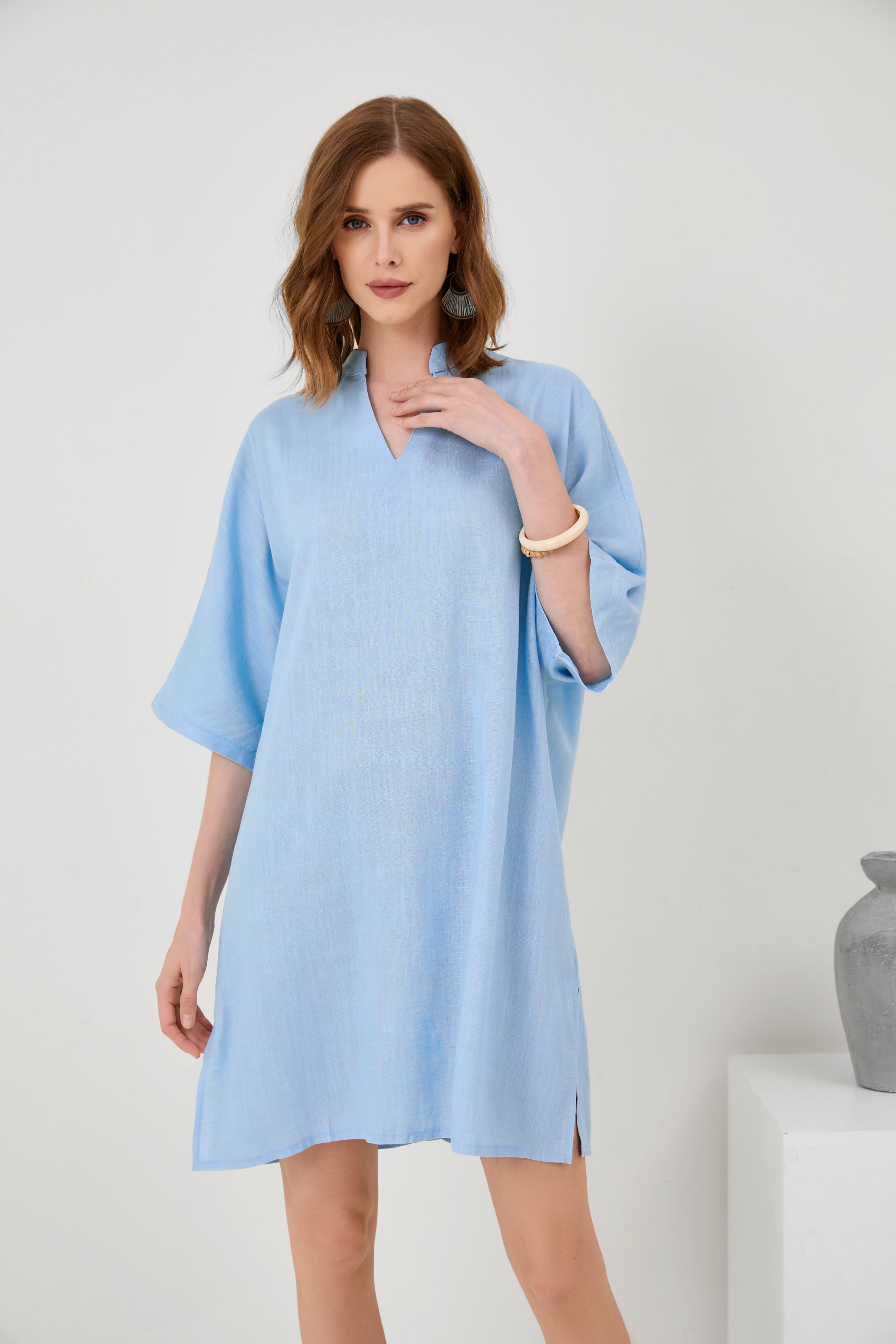 Cotton-Linen V-Neck Loose Hem Side Slit Dress[ Pre Order ]