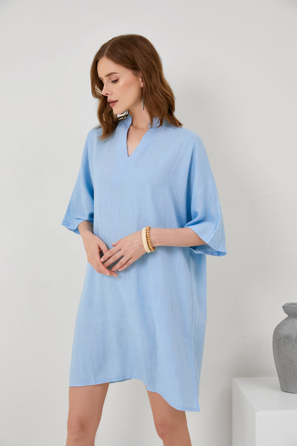 Cotton-Linen V-Neck Loose Hem Side Slit Dress[ Pre Order ]
