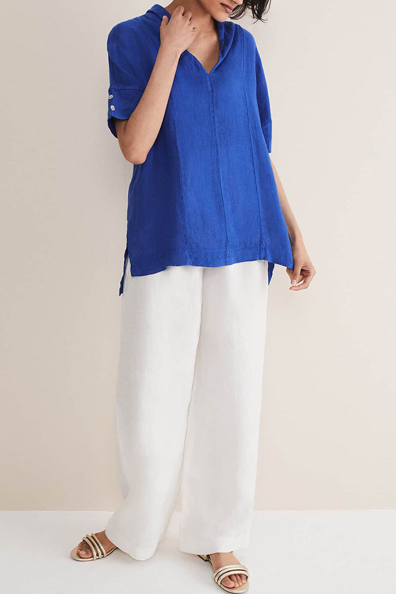 Linen Blue V Neck Short Sleeve Slit Hem Shirt