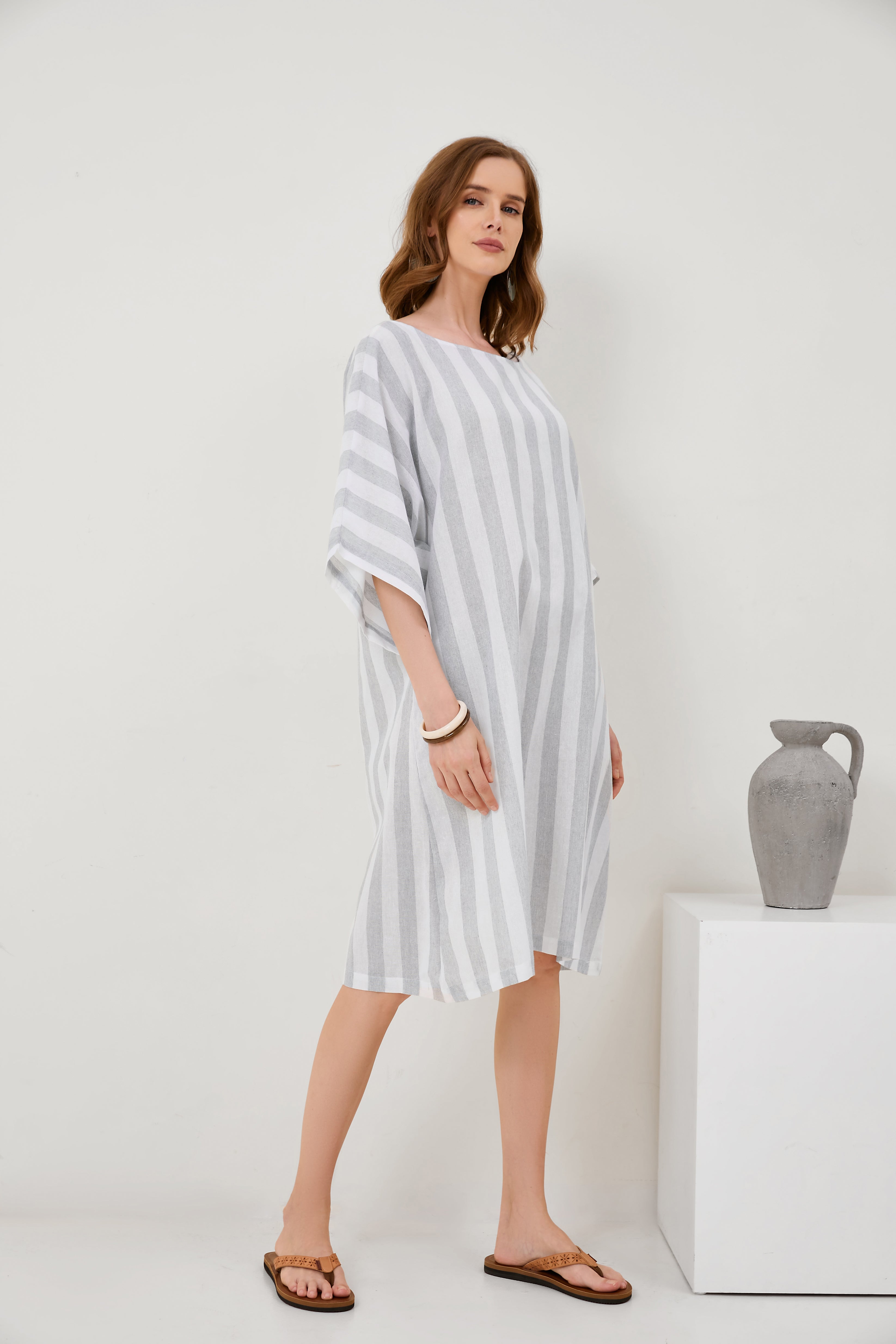 Cropped Sleeves Round Neck Cotton And Linen Comfort Dress[ Pre Order ]