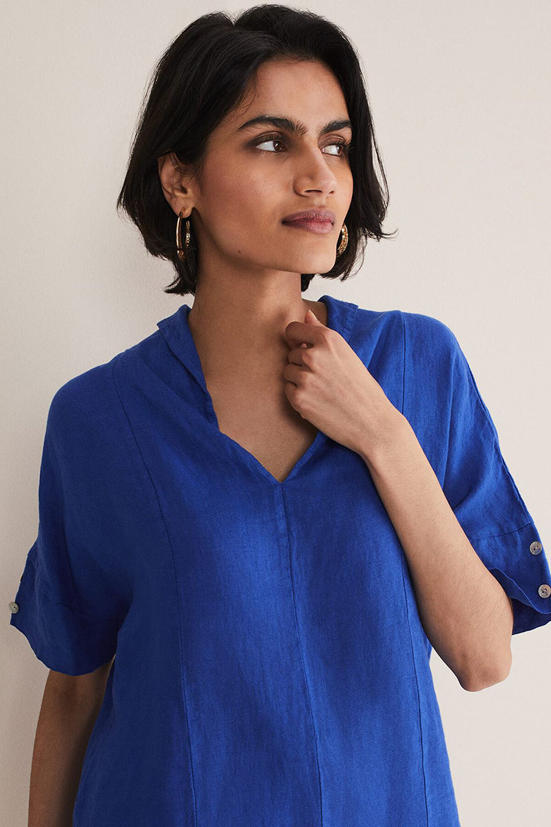 Linen Blue V Neck Short Sleeve Slit Hem Shirt