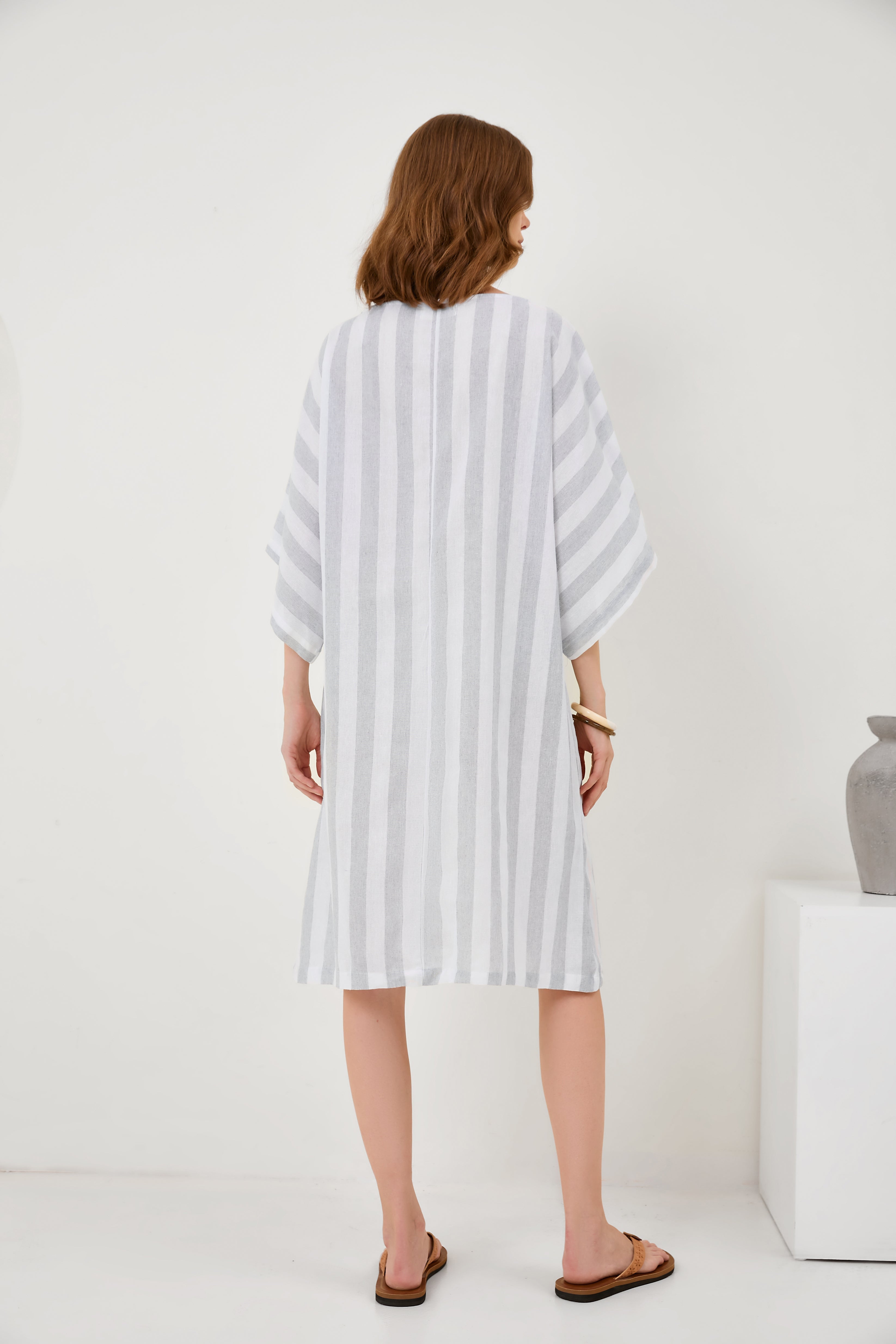 Cropped Sleeves Round Neck Cotton And Linen Comfort Dress[ Pre Order ]