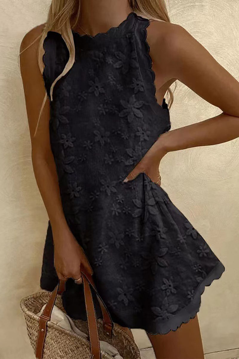 Floral embroidered linen Sleeveless Casual Linen Mini Dress