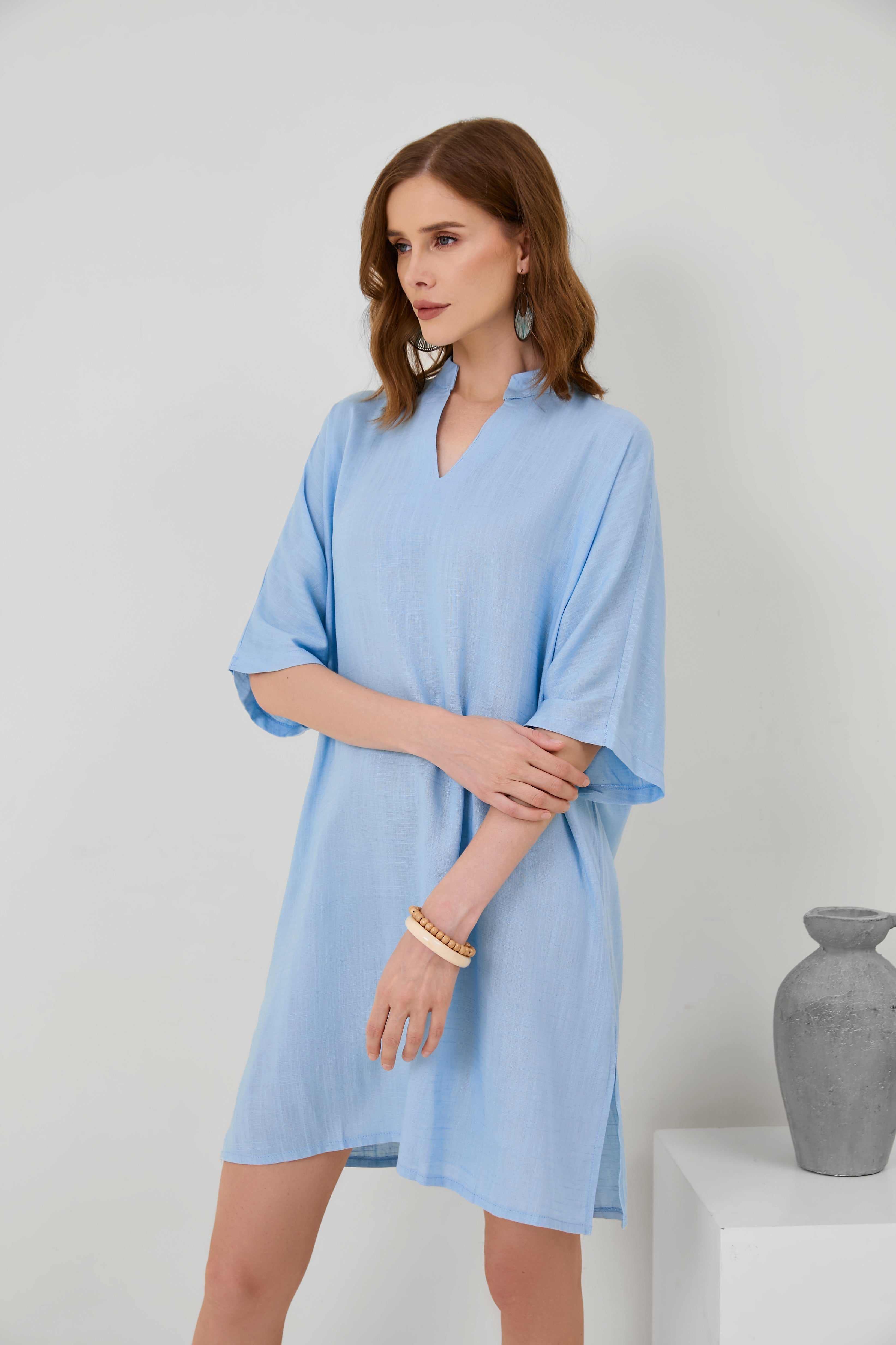Cotton-Linen V-Neck Loose Hem Side Slit Dress[ Pre Order ]