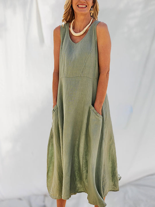 Cotton Linen Solid Color Casual Pleated Holiday Dress