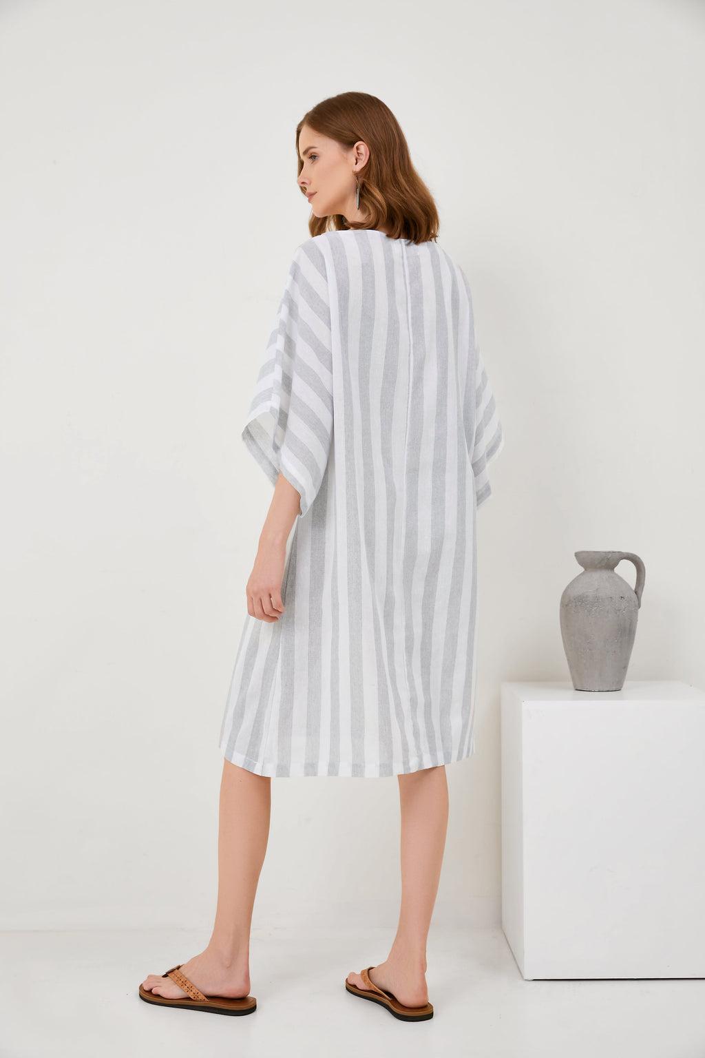 Cropped Sleeves Round Neck Cotton And Linen Comfort Dress[ Pre Order ]