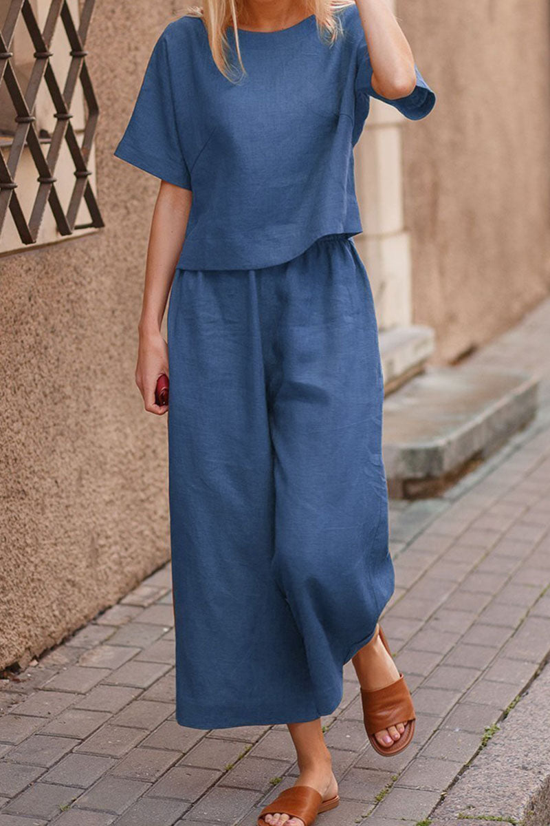 Linen Short Sleeve Top Wide Leg Pants Two Piece Set