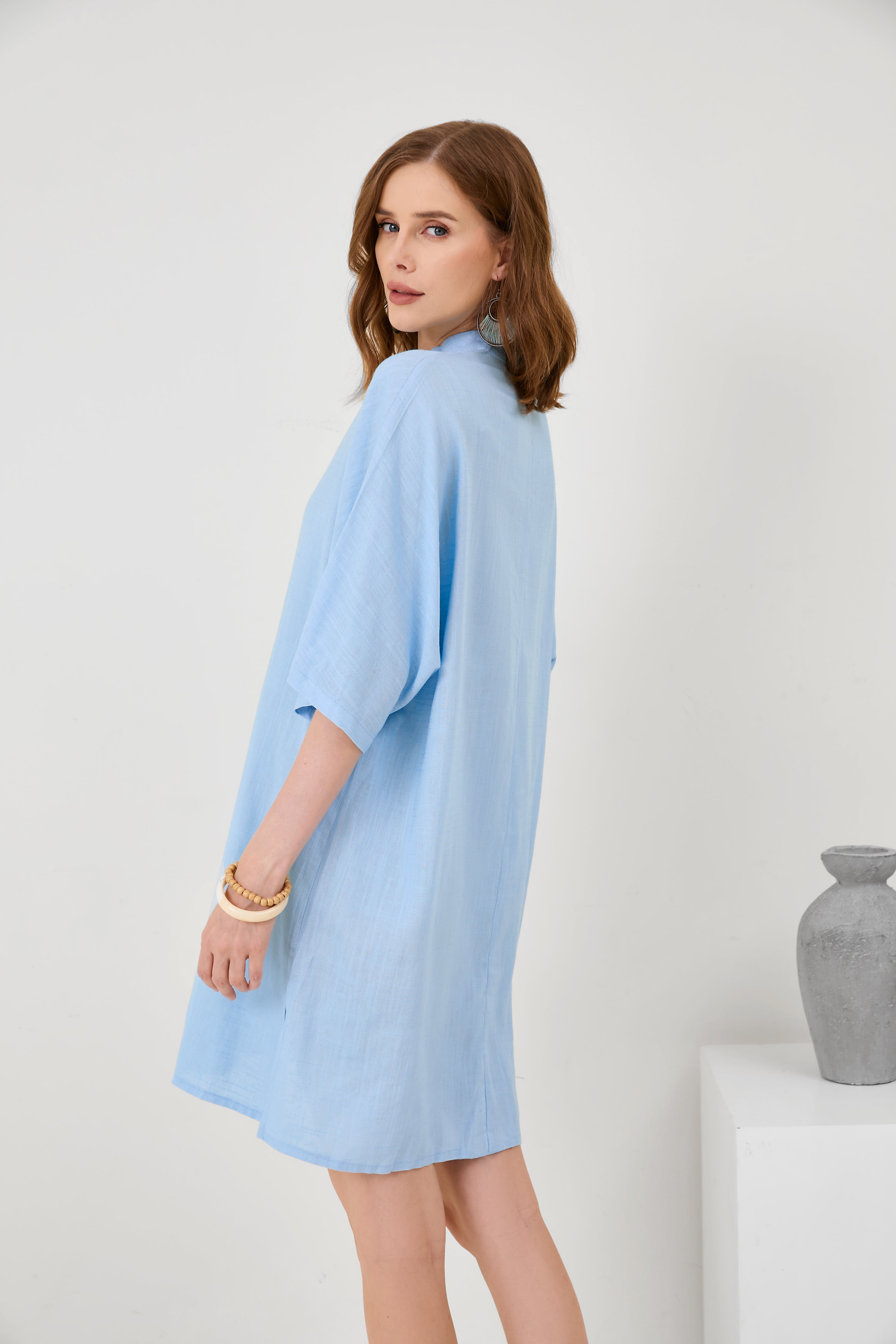 Cotton-Linen V-Neck Loose Hem Side Slit Dress[ Pre Order ]